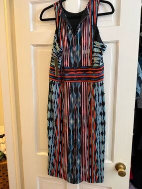 Maggy London Multicolor Striped Midi Dress - Black/Blue/Red